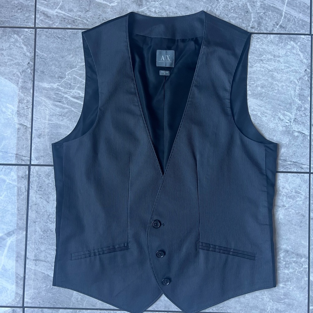 Armani Exchange Mens Gray Cotton Blend Pinstripe 2 Pc Suit Jacket Vest Set 40R